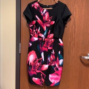 Slit front black floral dress- short sleeve